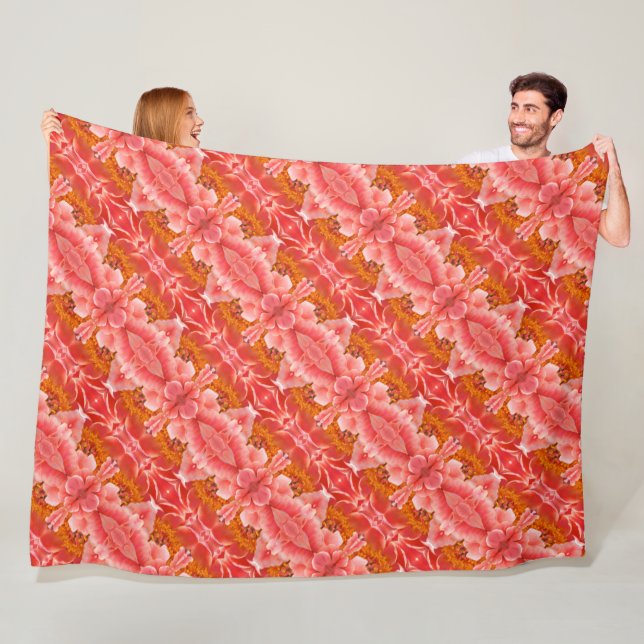 Large Fleece Blanket Coral Peonies Pattern (In Situ)