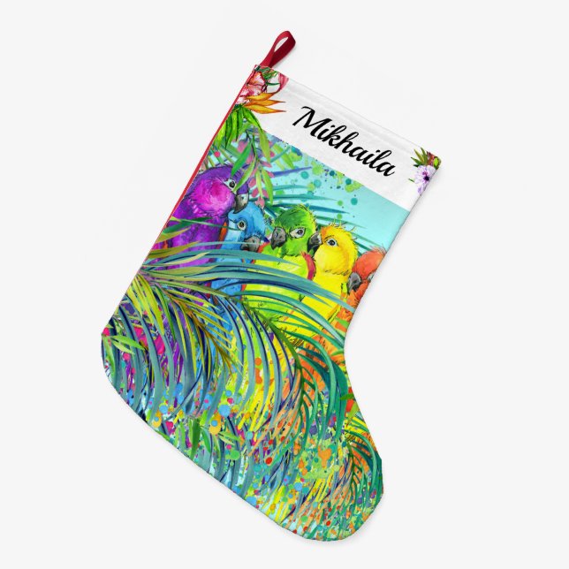 Large Fleece Tropical Birds Christmas Stocking (Front (Hanging))