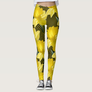 Large Floral Daffodils Wavy Yellow Stripe on Black Leggings
