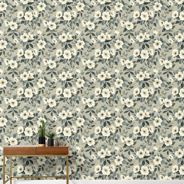 Large Floral Green White and Grey Wallpaper (Hallway)