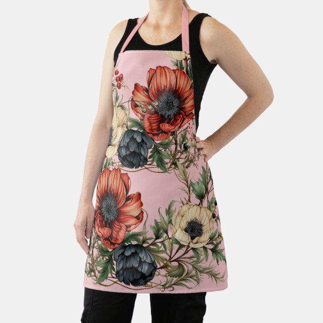 Large Florals Rich Rust, Deep Purple, Cream Apron (Insitu)