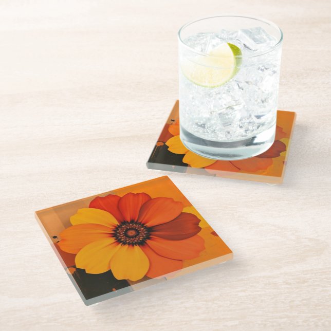 Large Flower in Earth Tones Red Orange and Yellow Glass Coaster (Angled)