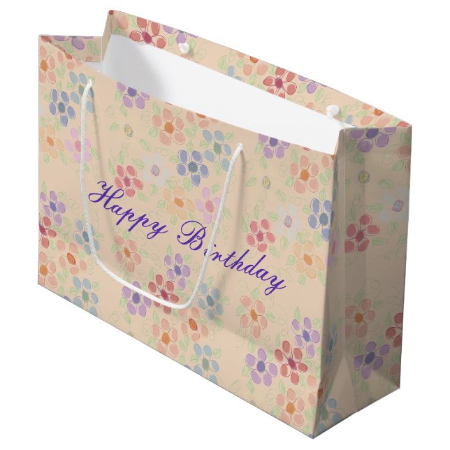 Large Flowered Happy Birthday Gift-bag Gift Bag (Front Angled)