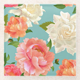 Large Flowers on Blue Vintage Country Beverage Glass Coaster