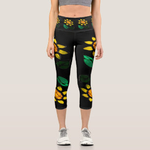 Large Flowers Stained Glass Black Capri Leggings