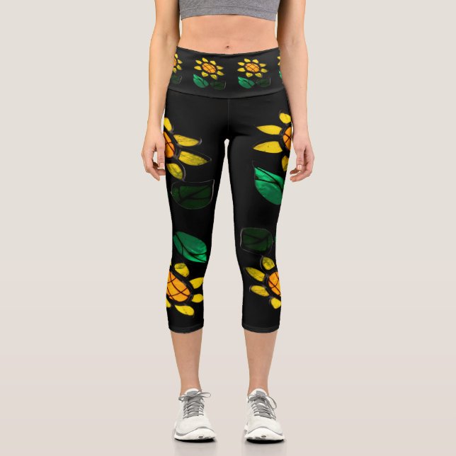 Large Flowers Stained Glass Black Capri Leggings (Front)