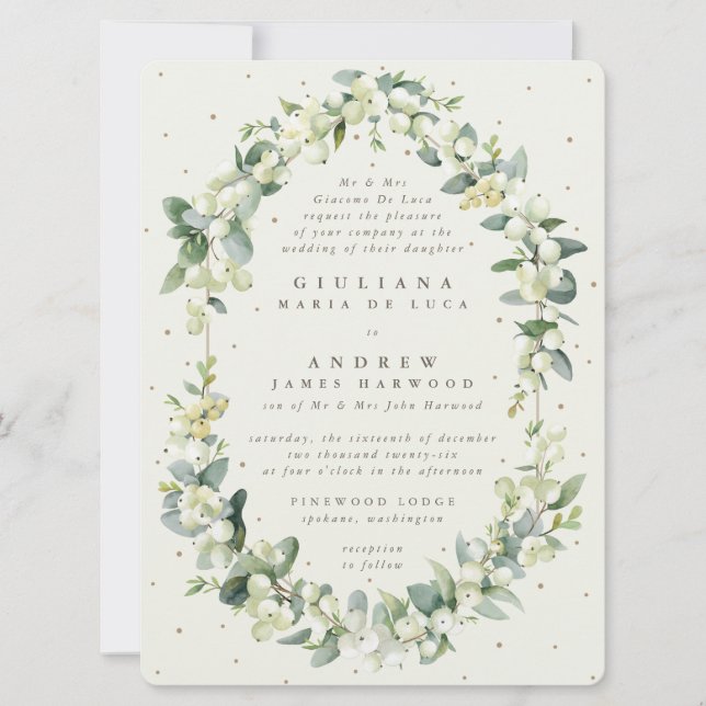 Large Formal Cream Snowberry + Eucalyptus Wedding Invitation (Front)