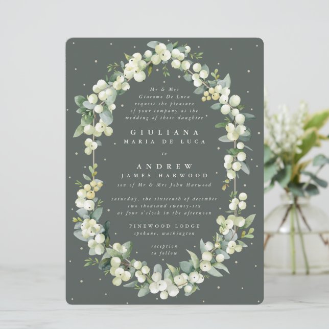Large Formal Green Snowberry + Eucalyptus Wedding Invitation (Standing Front)