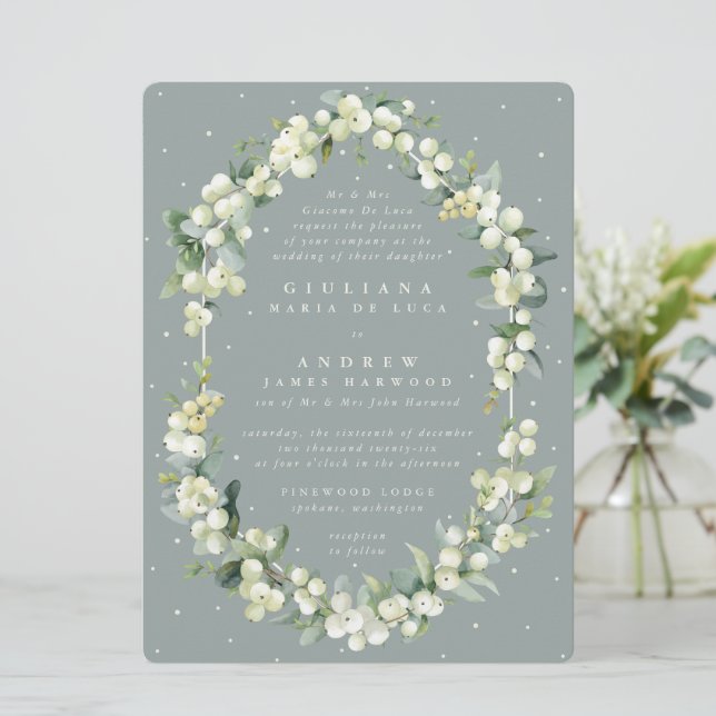 Large Formal Seafoam Snowberry+Eucalyptus Wedding Invitation (Standing Front)