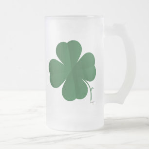 Large Four Leaf Clover Frosted Glass Beer Mug