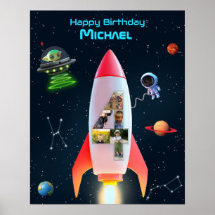 Large Four with Photos   Rocket Space 4th Birthday Poster
