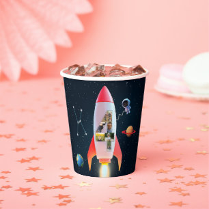 Large Four with Photos Space Rocket 4th Birthday Paper Cups