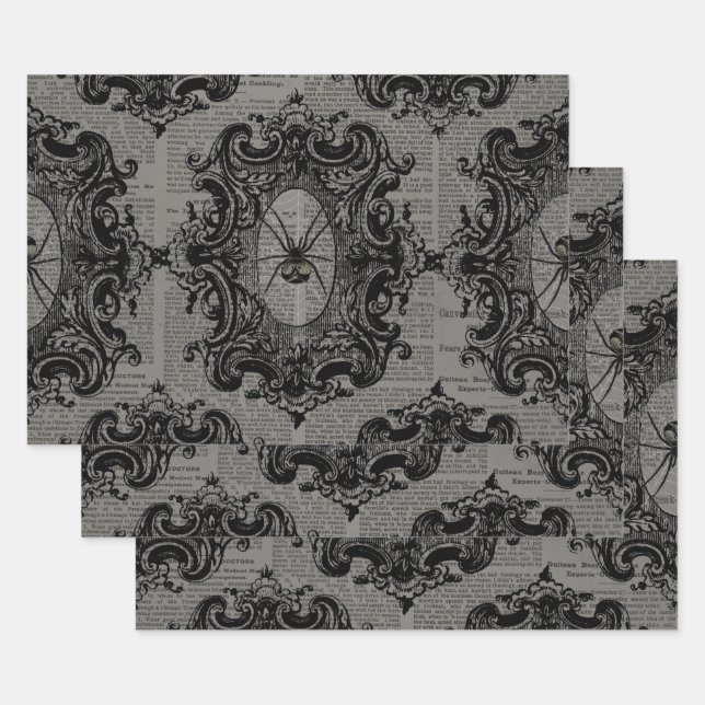 Large Framed Spider on Dark Grey Wrapping Paper Sheet (Set)