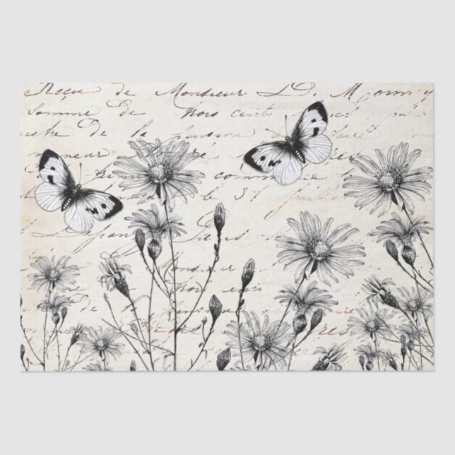 LARGE French Script Wildflower Butterfly Decoupage Tissue Paper (Front)