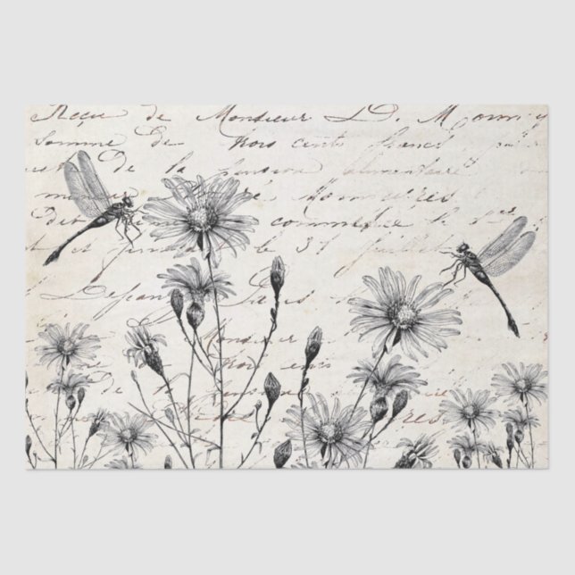 LARGE French Script Wildflower Dragonfly Decoupage Tissue Paper (Front)