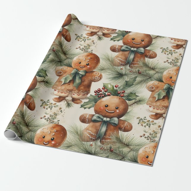 Large Gingerbread Man & Evergreen Wrapping Paper  (Unrolled)