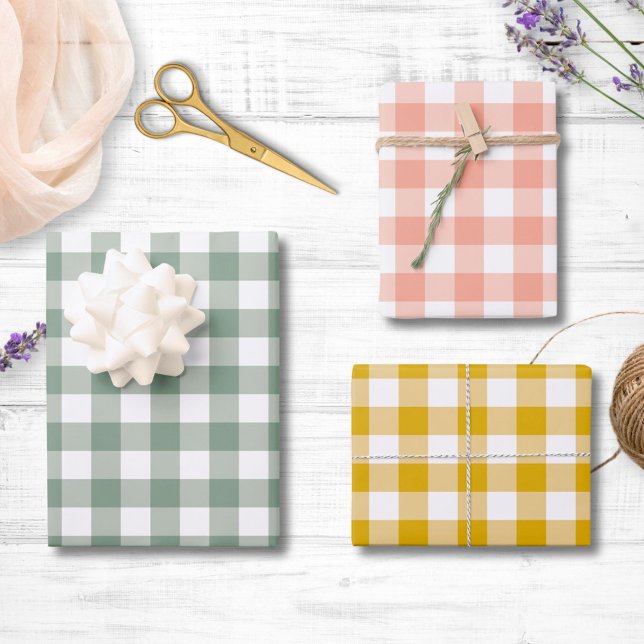 Large Gingham Patten in Sage Green, Peach, Yellow Wrapping Paper Sheet (In situ)