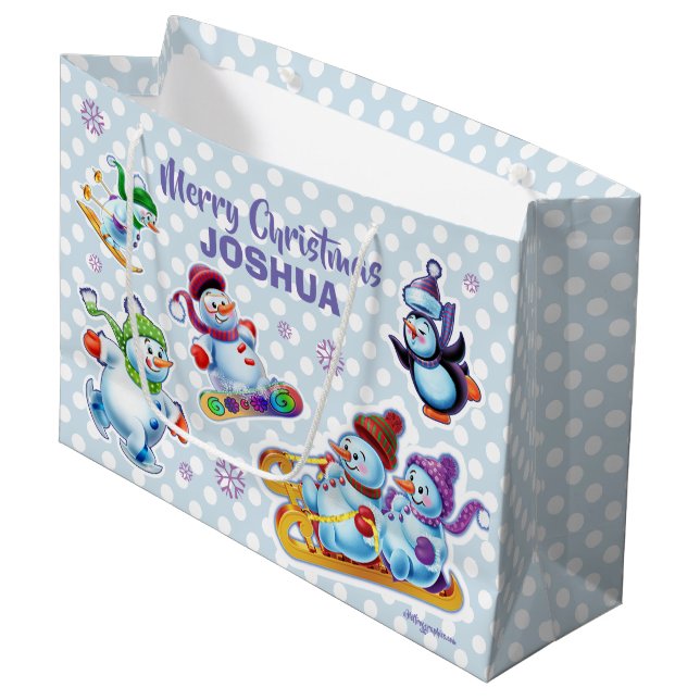 Large glossy gift bag Winter Wonderland Snowfolk (Front Angled)