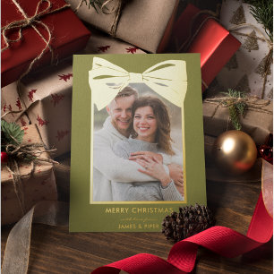 Large Gold Foil Bow Olive Green Photo Holiday Card