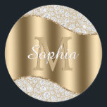 Large Gold Monogram, White Script Name, Diamonds Classic Round Sticker<br><div class="desc">Personalise large gold monogram and name in white script on gold wave with diamonds.</div>