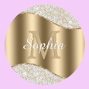 Large Gold Monogram, White Script Name, Diamonds Classic Round Sticker