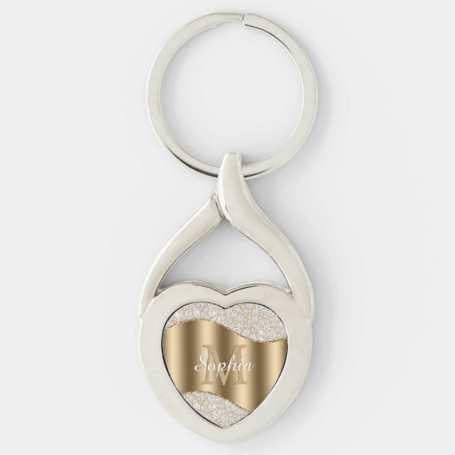 Large Gold Monogram, White Script Name, Diamonds Key Ring (Front)