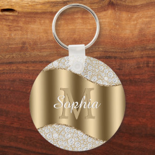 Large Gold Monogram, White Script Name, Diamonds Key Ring