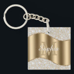 Large Gold Monogram, White Script Name, Diamonds Key Ring<br><div class="desc">Personalise large gold monogram and name in white script on gold wave with diamonds.</div>