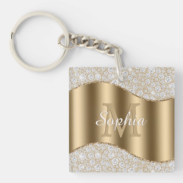 Large Gold Monogram, White Script Name, Diamonds Key Ring (Front)