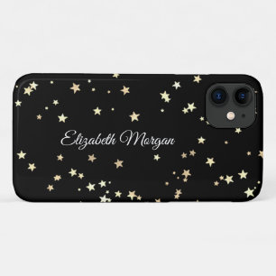 Large Gold Stars on Black, White Script Name iPhone 11 Case