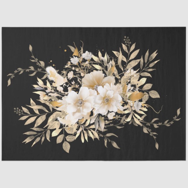 Large Golden Tone Floral on Black Decoupage  Tissue Paper (Front)