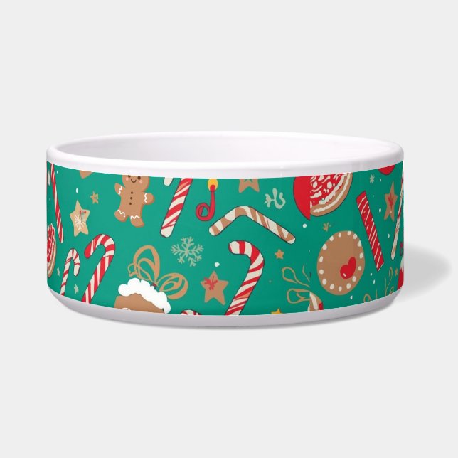 Large Green Christmas Dog Bowl | Candy Canes (Front)