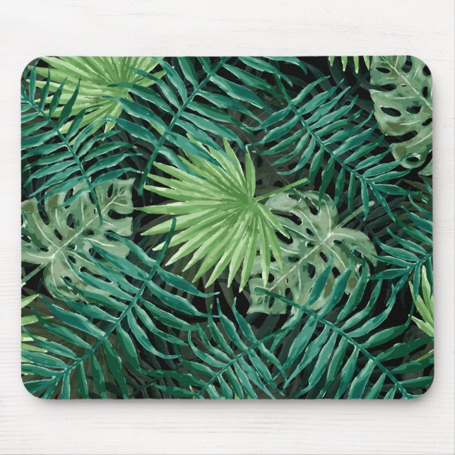 Large Green Fern Palm and Monstera Tropical Plants Mouse Mat (Front)
