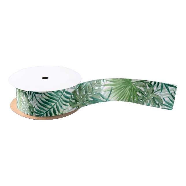 Large Green Fern Palm and Monstera Tropical Plants Satin Ribbon (Spool)