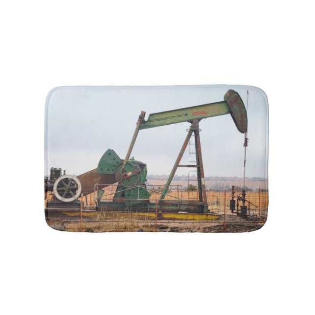 Large Green Pumpjack in an Oil Field Bath Mat (Front)