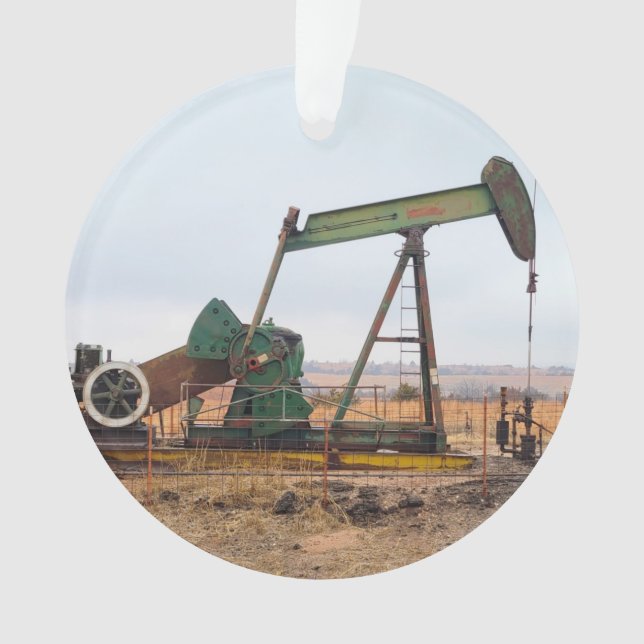 Large Green Pumpjack in an Oil Field Ornament (Front)