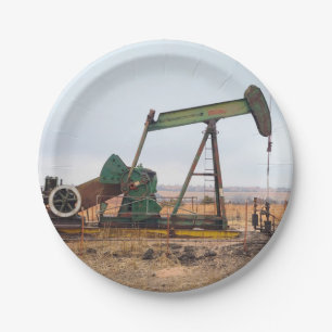Large Green Pumpjack in an Oil Field Paper Plate