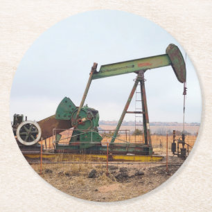 Large Green Pumpjack in an Oil Field Round Paper Coaster