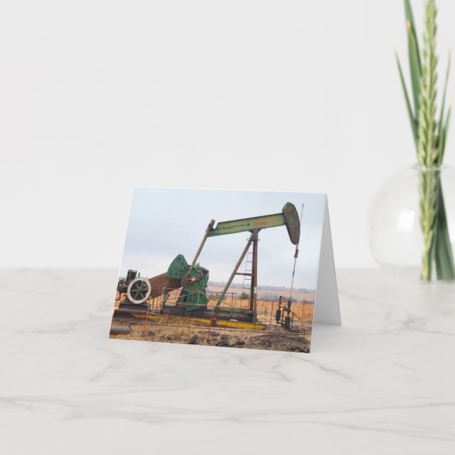 Large Green Pumpjack in an Oil Field Thank You Card (Front)