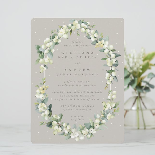 Large Greige Snowberry+Eucalyptus Winter Wedding Invitation (Standing Front)