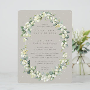Large Greige Snowberry+Eucalyptus Winter Wedding Invitation