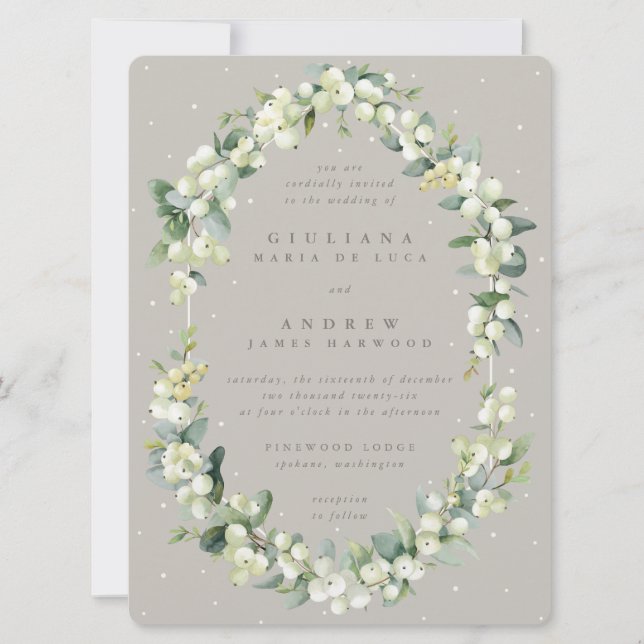 Large Greige Snowberry+Eucalyptus Winter Wedding Invitation (Front)