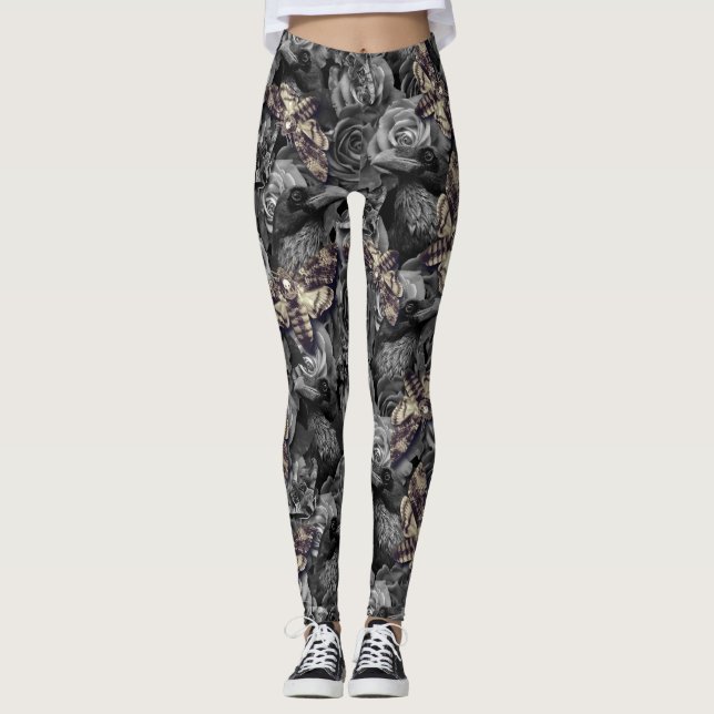 Large Grey Death Head Hawk Moths Gothic Raven Leggings (Front)