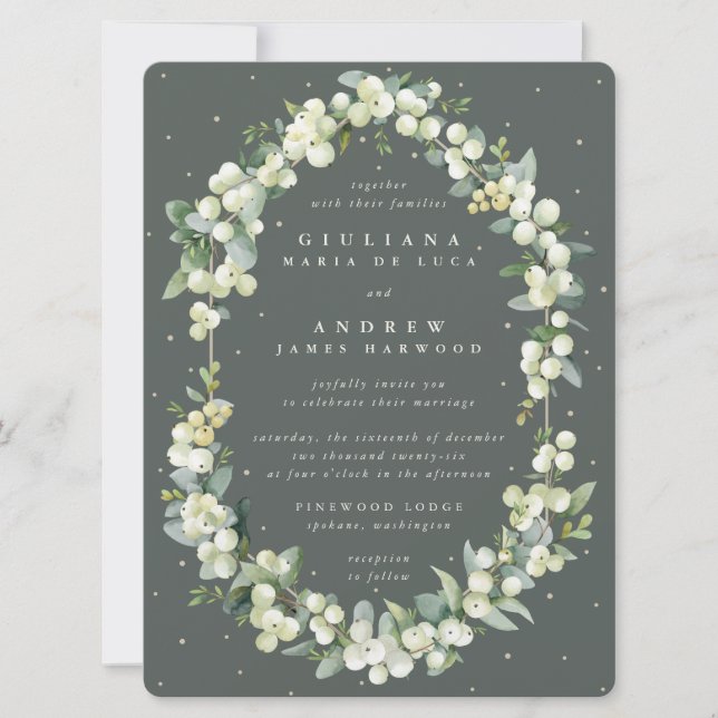 Large Grey Green Snowberry + Eucalyptus Wedding Invitation (Front)