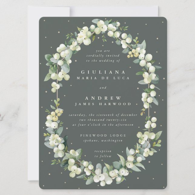 Large Grey Green Snowberry + Eucalyptus Wedding Invitation (Front)