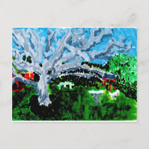 Large grey tree with benches postcard