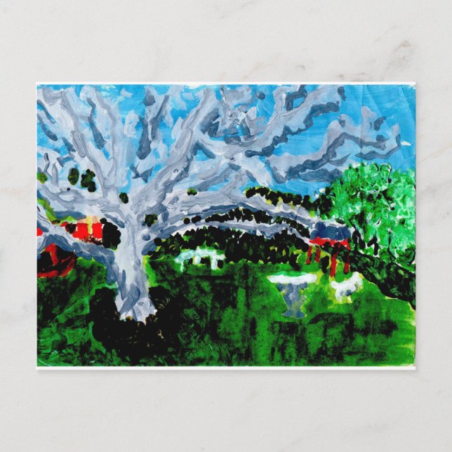 Large grey tree with benches postcard (Front)