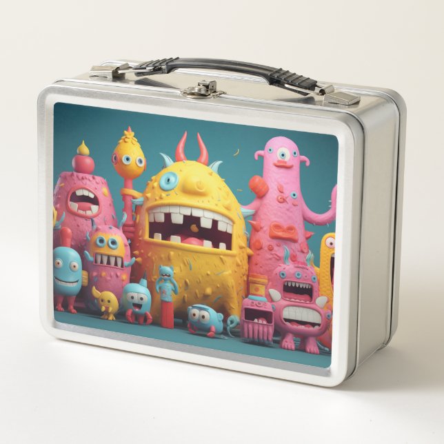 Large group of colourful monsters metal lunch box (Front)