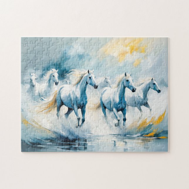 Large Group of White Horses Running Through Sea Jigsaw Puzzle (Horizontal)