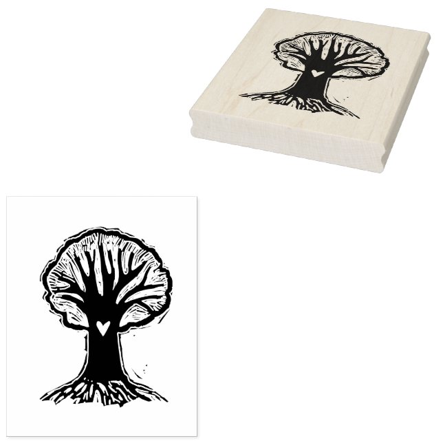 Large Heart Carved Tree Hand Carved Linocut Style Rubber Stamp (Stamped)